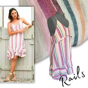 Rails Rainbow Metallic Striped Ruffle Hem Sundress Large